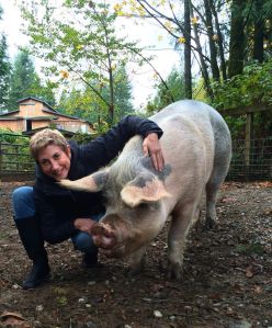 Sandy Smith at Pasados visitsing Splash the pig